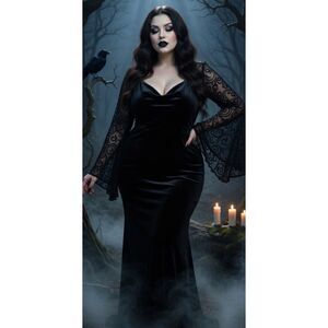 Velvet Dress 0X 16 Long Witchy Evening Gown Sheer Sleeves Goth Morticia